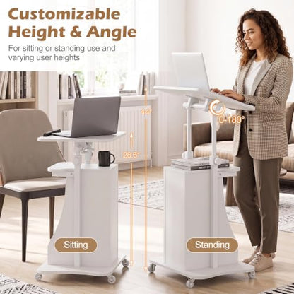 Tangkula Mobile Lectern Podium Set of 2, Height Adjustable Podium Stand, Standing Sit-to-Stand Desk, Rolling Cart Laptop Desk with Swivel Top Movable Wheels & Storage - color: White, size: 20" x 16" x 44"