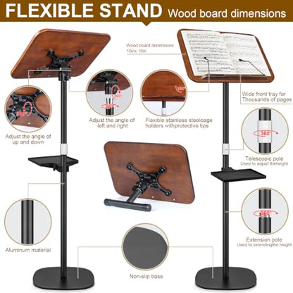 2 in 1 Dual-use Music Stand & Desktop Book Stand, Adjustable Height 16.5"-51", 100% Solid Wood Laptop Floor Stand Book Holder with Elastic Page Clips for Cookbooks (Black Walnut with Tray) - color: Black Walnut With Tray