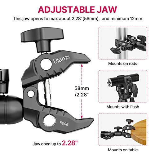 ULANZI Super Clamp Double Camera Clamp, R096 Crab Plier Clip Bracket Mount | Monitor Magic Arm Double Ball Head Adapter for Photo Studio Light Stand, Photography Reflector, Photo Boom Stand, Cross Bars