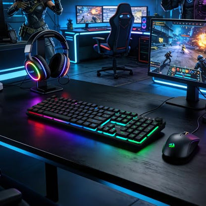 Redragon K521-E Gaming Keyboard with Knob, RGB 104 Keys Wired Keyboard | Mechanical Feeling Keyboard, 12 Multimedia Keys, Anti-Ghosting, Programmable Software, Compatible with PC, PS4/5, Xbox - color: Matte Black