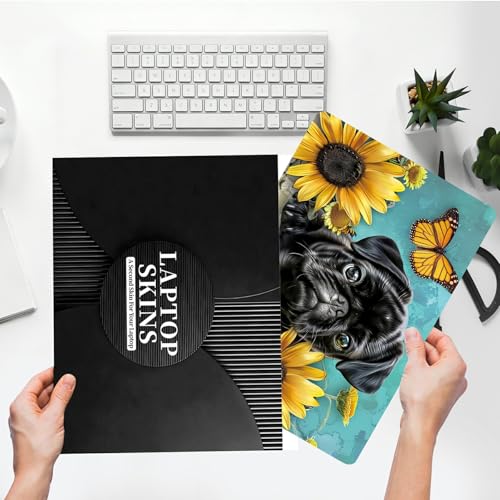 Universal Laptop Skin Sticker with 2 Wrist Pad Skins, Waterproof Scratch Resistant Vinyl Laptop Cover Decal, Cut to Fit for 11–15.6 Inch MacBook HP Dell Lenovo, Black Dog Sunflower - color: Black Dog Sunflower