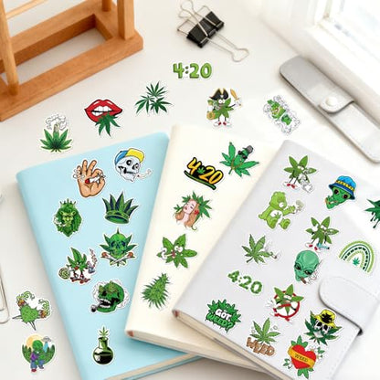 Weed Plant Stickers for Adults - 100 Pcs Green Leaves Trippy Water Bottle Stickers, 420 Waterproof Vinyl Scrapbook Decals for Laptop Journaling - style: Weed Plant