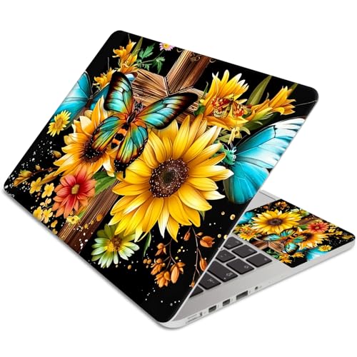 Laptop Skin Sticker 3-Piece Set,Wooden Cross Flowers Sunflower | Trim-to-fit 3-piece vinyl set with one 15 x 10.6 in lid skin and two palm-rest decals for many 12-15.6 in laptops - color: Wooden Cross Flowers Sunflower
