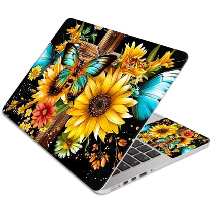 Laptop Skin Sticker 3-Piece Set,Wooden Cross Flowers Sunflower | Trim-to-fit 3-piece vinyl set with one 15 x 10.6 in lid skin and two palm-rest decals for many 12-15.6 in laptops - color: Wooden Cross Flowers Sunflower