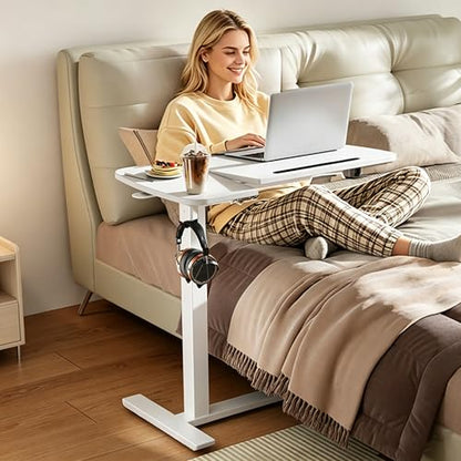 Overbed Table with Wheels, Pneumatic Height and Tilting Desktop | Top Tilts 0-60° with Anti-Slip Stops, Hook, Capacity 66 lbs, 1.18 in Low-Profile Base Slides Easily Under Beds and Sofa - color: White