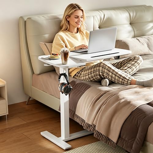 Overbed Table with Wheels, Pneumatic Height and Tilting Desktop | Top Tilts 0-60° with Anti-Slip Stops, Hook, Capacity 66 lbs, 1.18 in Low-Profile Base Slides Easily Under Beds and Sofa - color: White