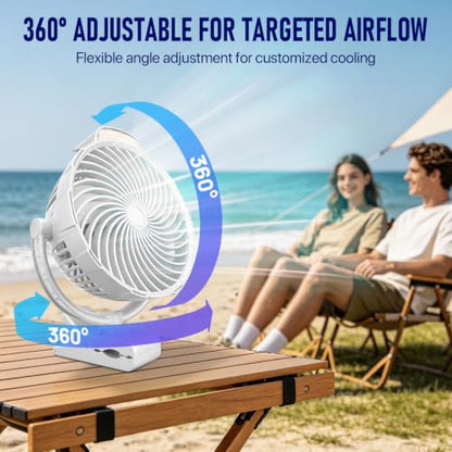 8-Inch Rechargeable Clip on Fan, 10000mAh Portable Camping Fan with LED Light, 9-Speed Ultra Quiet Airflow, 30H Runtime, 360° Rotating Desk Fan for Golf Cart, Bedroom, Office, Dorm, White - color: White