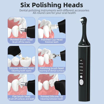 [Type-C Fast Charging] LED Teeth Whitening Polisher,Home Dental Care Kit with 6 Brush Heads & 5 Adjustable Speeds, Portable Electric Tooth Cleaner (Black)