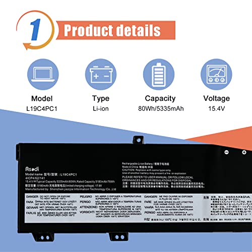 ASODI 80Wh L19C4PC1 L19M4PC1 Laptop Battery Compatible with Lenovo Legion 5P-15IMH05 Legion 5-15IMH05 5-15ARH05 Series SB10W86193 SB10W86198 5B10W86192 5B10W86188 5B10W86194 - size: 14.25*4.29*1.1 inches L19C4PC1