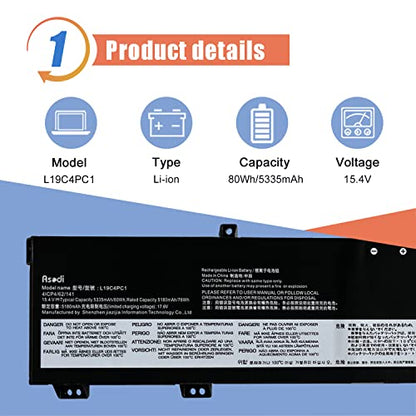 ASODI 80Wh L19C4PC1 L19M4PC1 Laptop Battery Compatible with Lenovo Legion 5P-15IMH05 Legion 5-15IMH05 5-15ARH05 Series SB10W86193 SB10W86198 5B10W86192 5B10W86188 5B10W86194 - size: 14.25*4.29*1.1 inches L19C4PC1