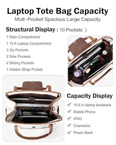 Large Laptop Tote Bag for Women Designer Leather Laptop Bag, 15.6in | Fashion Travel Backpack Purse Shoulder Handbag Fits 15.6 Laptop, Daily, Work, Business Trip, Weekend Travel, Teacher - color: Beige Contrast Brown