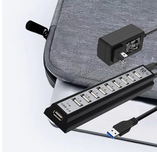 USB Hub 10-Ports, USB Hub Extender Network Splitter Adapter with Powered, for MacBook, PC, Laptop, Mice, Keyboards（ Only USB Data Transfer Not for Charing