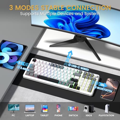 Redragon K742 Wireless Mechanical Gaming Keyboard with Knob, Bluetooth 5.0/2.4GHz/USB C Wired Creamy Keyboard with Number Pad for PC Computer, RGB Backlits, Hot-Swappable with Linear Switches (White) - color: White