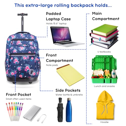 J World Sundance Laptop Rolling Backpack for Girls Boys. Roller Bookbag with Wheels, 20 Inch, Navy Rose - color: Navy Rose
