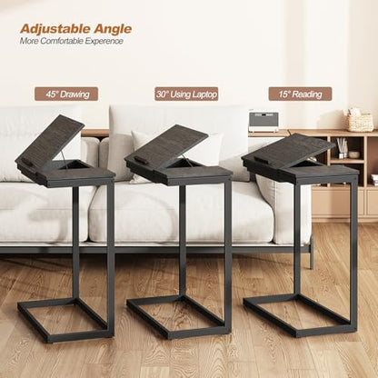 TUTOTAK Large C Shaped End Table, Side Table, Couch Computer Table C Table | Tilting Laptop Stand with Storage, Computer Couch table for Living Room, Bedroom, Black TB01BK089 - color: Black, style: Modern