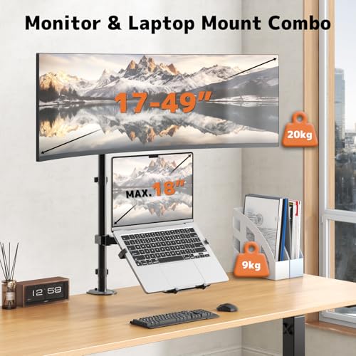 PUTORSEN Monitor and Laptop Mount Stand for Max 49" Screen and 18" Notebook | Fully Adjustable Monitor Arm, Vented Tray, Holds up to 44lbs, 2 Mounting Options