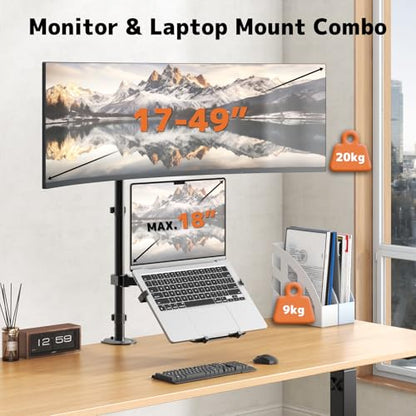 PUTORSEN Monitor and Laptop Mount Stand for Max 49" Screen and 18" Notebook | Fully Adjustable Monitor Arm, Vented Tray, Holds up to 44lbs, 2 Mounting Options