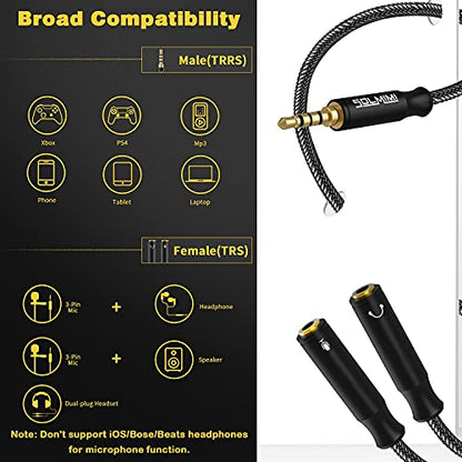 Headphone Mic Splitter, 3.5mm TRRS Splitter with Separate Headphone and Mic Jack, 3.5mm Combo Audio Adapter 2 Female to 1 Male Compatible to Xbox One Smartphone PC Tablet Ps4 Gaming-10 inch - size: 0.65FT