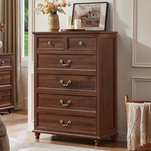 Joaxswe Farmhouse 6 Drawer Dresser for Bedroom, 42" Tall Rustic Chests of Drawers w/ 4 Solid Wood Feet, Mid Century Modern Wooden Closet Storage Dressers Organizer for Living Room, Hallway,Brown - color: Brown, size: 15.7"D x 31.5"W x 42.3"H (6 Drawers)