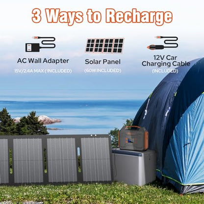 Portable Solar Generator 300W Power Station with Foldable 60W Solar Panel, Portable Power Bank 65W with DC AC Outlet 110V for Laptop Smart Device Home RV Outdoor Hiking Camping Adventure
