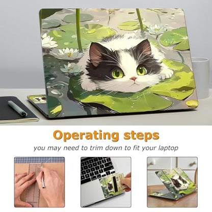 Universal Laptop Skin Sticker with 2 Wrist Pad Decals, 3-Piece Removable Vinyl Laptop Cover, Cat Laurel Leaf Waterproof Anti-Scratch, Easy-Trim Fit for 13.3" 14" 15.6" Laptops - color: Cat Laurel Leaf