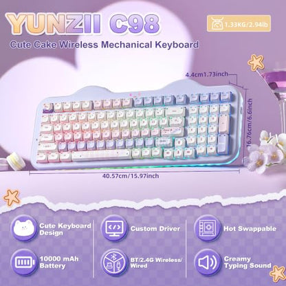 YUNZII C98 Cute Wireless Mechanical Keyboard(Purple Mao, Candy Switch) | Cake Keyboard,99 Keys with Number Pad, MAO Keycaps, BT5.0/2.4G/USB-C,Hot Swap, Gasket Mount, Custom RGB Backlight for Win/Mac - color: Purple MAO, size: Candy Linear Switch