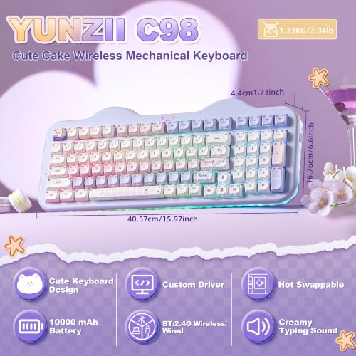 YUNZII C98 Cute Wireless Mechanical Keyboard(Purple Mao, Candy Switch) | Cake Keyboard,99 Keys with Number Pad, MAO Keycaps, BT5.0/2.4G/USB-C,Hot Swap, Gasket Mount, Custom RGB Backlight for Win/Mac - color: Purple MAO, size: Candy Linear Switch