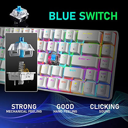 65% Wired Gaming Mechanical Keyboard and Mouse Combo, Mini 68 Keys, RGB Backlight, Lightweight RGB Optical Mouse,Mouse Pad Compatible with PS4,Xbox,PC,Laptop,MAC (White/Blue Switch) - color: white/blue switch