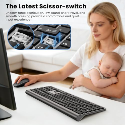 Rechargeable Wireless Bluetooth Keyboard and Mouse Combo, Full Size Silent Ergonomic Scissor Switch Keyboard and Optical Mouse Set, 2.4G Lag-Free Cordless Keyboard Mice for Computer,Mac,Laptop,PC-Grey