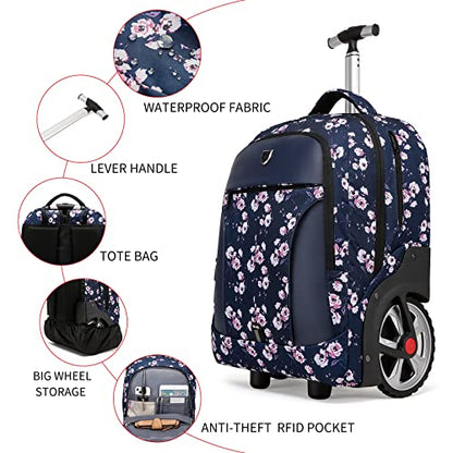 YH&GS Rolling Backpack Floral, Waterproof with Wheels for Business, College Student and Travel Commuter, Carry on Laptop Compartment, Fit 17 Inch Laptop, Wheeled Adults, 20inch - color: Floral