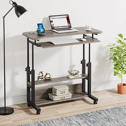 Tribesigns Portable Desk with Power Outlets, Height Adjustable Side Table Sofa Couch Bedside Laptop Computer Cart with USB Charging Ports, Mobile Small Standing Desk with Keyboard Tray - color: Grey