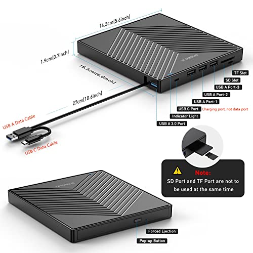 ORIGBELIE External CD DVD Drive, Ultra Slim CD Burner USB 3.0 with 4 USB Ports and 2 TF/SD Card Slots, Optical Disk Drive for Laptop Mac, PC Windows 11/10/8/7 Linux OS - size: 5.6" x 6" x 0.7"