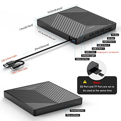 ORIGBELIE External CD DVD Drive, USB 3.0 & 4 USB Ports & 2 TF/SD Card Slots | Ultra Slim CD DVD ROM Player Burner Reader Writer Rewriter Optical Disk Drive for Laptop PC Mac OS Windows 11/10/8/7 Linux - size: 5.6" x 6" x 0.7"