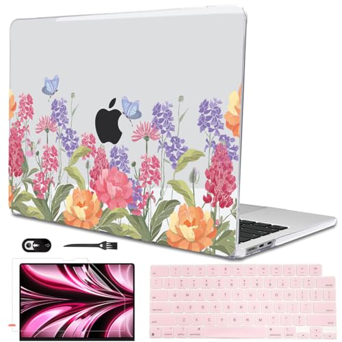 Compatible with MacBook Air 13 inch Case 2026 2025-2022 M5 M4 M3 M2 Chip A3449 A3240 A3113 A2681, Pattern Hard Shell Laptop Case Keyboard Cover for MacBook Air 13.6 M5, Pink & Purple Flowers - color: Pink & Purple Flowers