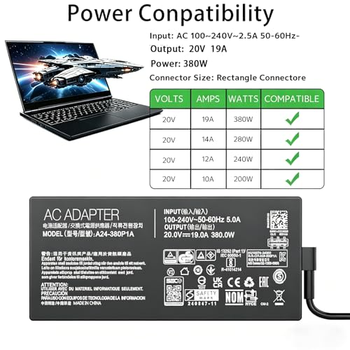 380W 280W 20V 19A GaN Laptop Charger Replacement for Asus Rog Strix Scar | 2025 power supply Cord for rog strix scar 18 16 G635 G16 G18 G815 G835 zephyrus G14 Tuf Gaming F16 A16 ADP-380ABB AC Adapter