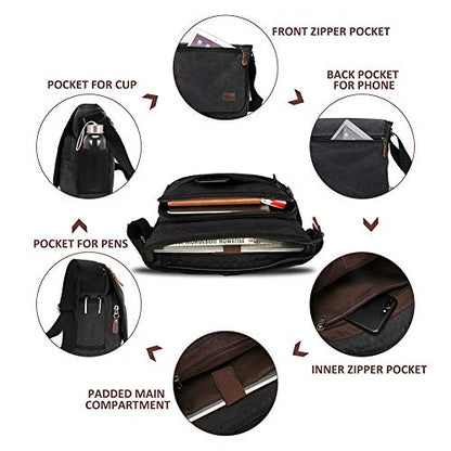 Modoker Messenger Bag for Men, 13 Inches Laptop Satchel Bags, Canvas Shoulder Bag with Bottle Pocket - color: Black