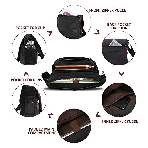 Modoker Messenger Bag for Men, 13 Inches Laptop Satchel Bags, Canvas Shoulder Bag with Bottle Pocket - color: Black