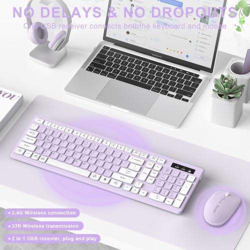 Wireless Keyboard and Mouse Combo, Full-Sized Wireless Keyboard and Adjustable DPI Mouse, 2.4GHz USB Receiver, Keyboard and Mouse for PC, Windows, Desktop, Laptop (Lilac) - color: Light Purple