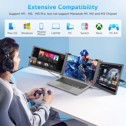 Laptop Screen Extender, 15" Triple Monitor for 15-17.3" Laptops | Portable 1080P IPS FHD display, plug & play via HDMI/USB-A, compatible with Mac/Windows/Chrome/Android,gray - color: Grey