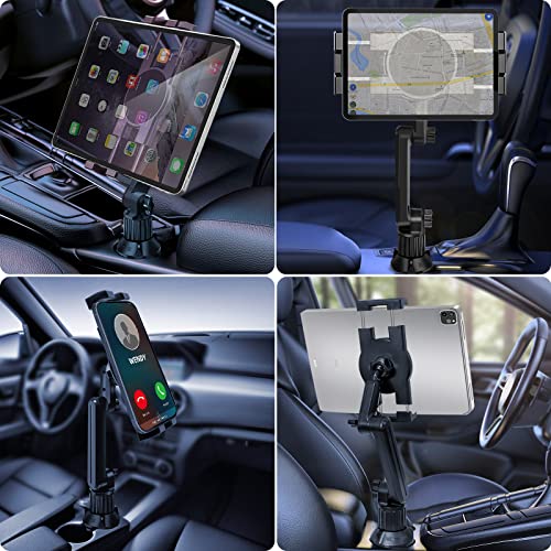 Cup Holder Car Tablet Mount for Truck, 360° Adjustable 15" Long 2-Arm Stand Holder for iPad Pro 12.9/11/10.5/9.7/Air/Mini 6/5/4, Galaxy Tab/Z Fold 6/5/4, iPhone 17/16/Pro, 4.7-12.9" Tab &Phone - size: 15"