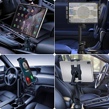 Cup Holder Car Tablet Mount for Truck, 360° Adjustable 15" Long 2-Arm Stand Holder for iPad Pro 12.9/11/10.5/9.7/Air/Mini 6/5/4, Galaxy Tab/Z Fold 6/5/4, iPhone 17/16/Pro, 4.7-12.9" Tab &Phone - size: 15"