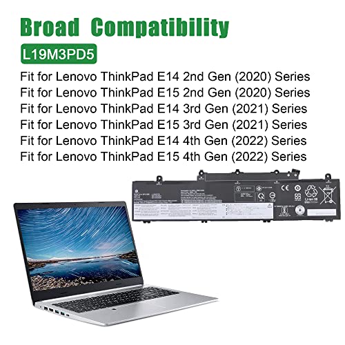 L19M3PD5 SB10X02591 5B10X02606 Laptop Battery Replacement for Lenovo ThinkPad E14 E15 Gen 2 3 4 Series L19L3PD5 L19C3PD5 11.1V 45Wh - size: 13.2*5.4*1.1inch L19M3PD5