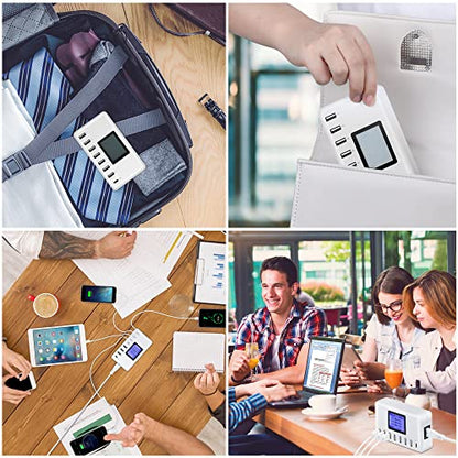 60W 12A 8-Port USB Charging Station - Multi Port USB Hub Charger with LCD Display - Compatible with iPhone, iPad, Samsung, Kindle, Tablet, Bluetooth Earbuds and More - color: white
