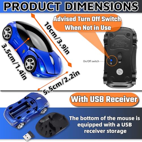 Blue Mouse，Cute Wireless Mouse 1600DPI 2.4G with USB Reciver Car Mouse for Computer Laptop Tablet for Mac OS for Windows（Blue） - color: BLUE