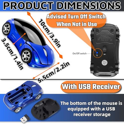 Blue Mouse，Cute Wireless Mouse 1600DPI 2.4G with USB Reciver Car Mouse for Computer Laptop Tablet for Mac OS for Windows（Blue） - color: BLUE