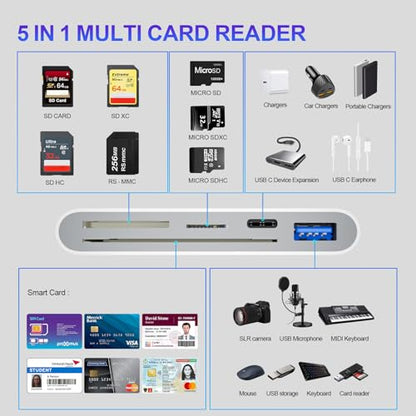 5-in-1 Multi USB C SD/TF/Smart Card Slot+USB OTG Memory Card Reader for iPhone 16/iPad Pro，DOD Military Common Access CAC Smart ID Card Reader for iPhone 16 15/iPad Pro/Mac/Samsung/Laptop/Tablets - color: white