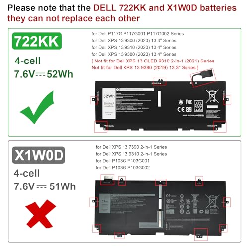 Fancy Buying 52Wh 722KK FP86V Laptop Battery for Dell XPS 13 9300 XPS 13 9310 XPS 13 9380 P117G P117G002 P117G001 Series Notebook 0WN0N0 WN0N0 02XXFW 2XXFW - size: 10.51*4.06*0.16inch