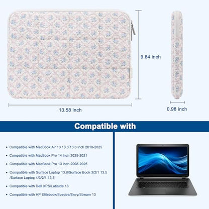 MOSISO 13-14 inch Laptop Case, 13.3 inch Puffy Laptop Sleeve Compatible with MacBook Air 13.6 M4 M3 M2 M1/Pro 13/Pro 14, HP Dell ASUS Lenovo, Square Quilted Carrying Bag with Small Case, Floral Grid