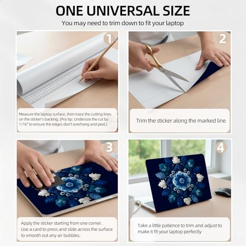 Navy Blue & White Leaf Mandala Universal Laptop Skin Sticker 3PCS, Protective Decal Trim-to-Fit 11.6" 13.3" 14" 15.6" Laptop Vinyl Cover, Removable Anti-Scratch Computer Decal Protector - color: Navy Blue & White Leaf Mandala