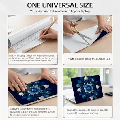 Navy Blue & White Leaf Mandala Universal Laptop Skin Sticker 3PCS, Protective Decal Trim-to-Fit 11.6" 13.3" 14" 15.6" Laptop Vinyl Cover, Removable Anti-Scratch Computer Decal Protector - color: Navy Blue & White Leaf Mandala